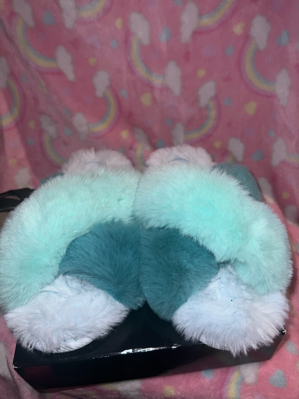 Cat &jackPlush Fuzzy Slide Slippers in Mint & Teal